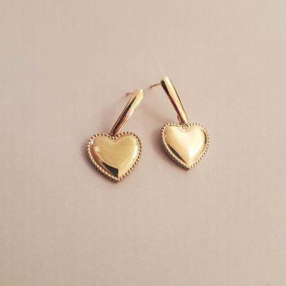 Gold Heart Stud Earrings with Textured Border - Picture 2 of 3